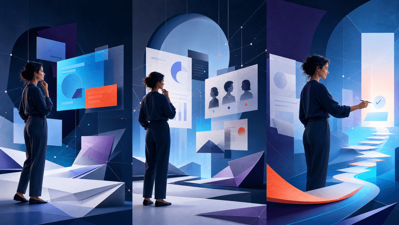Illustrated three-scene candidate journey from discovering a role to submitting an application
